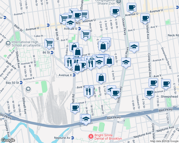 map of restaurants, bars, coffee shops, grocery stores, and more near 2415 West 1st Street in Brooklyn
