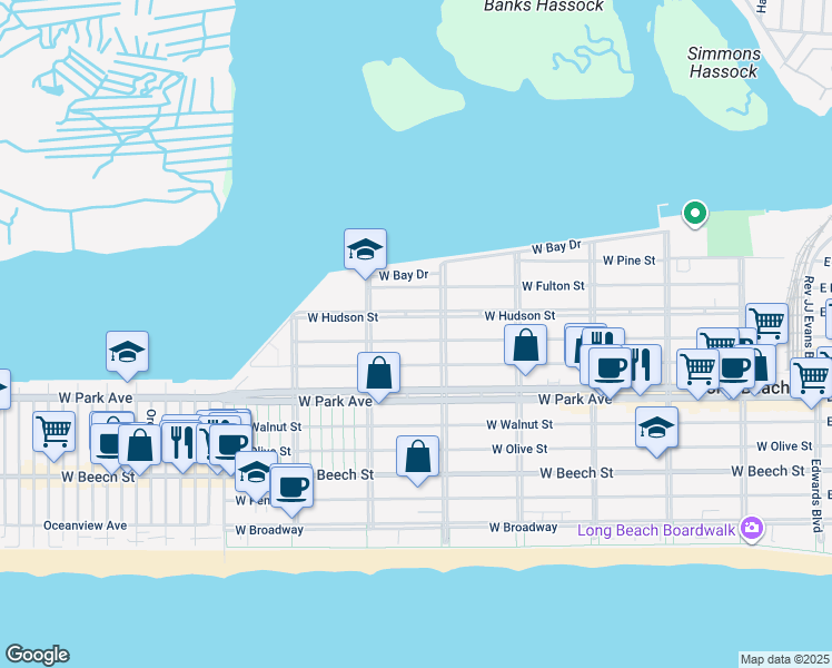 map of restaurants, bars, coffee shops, grocery stores, and more near 545 West Market Street in Long Beach
