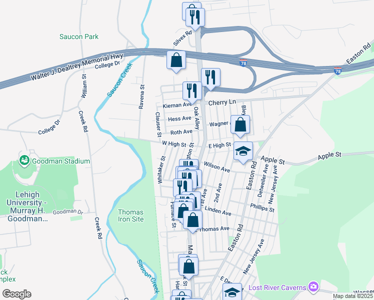 map of restaurants, bars, coffee shops, grocery stores, and more near 1428 Washington Street in Hellertown