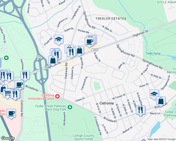 map of restaurants, bars, coffee shops, grocery stores, and more near 4093 Primrose Drive in Allentown