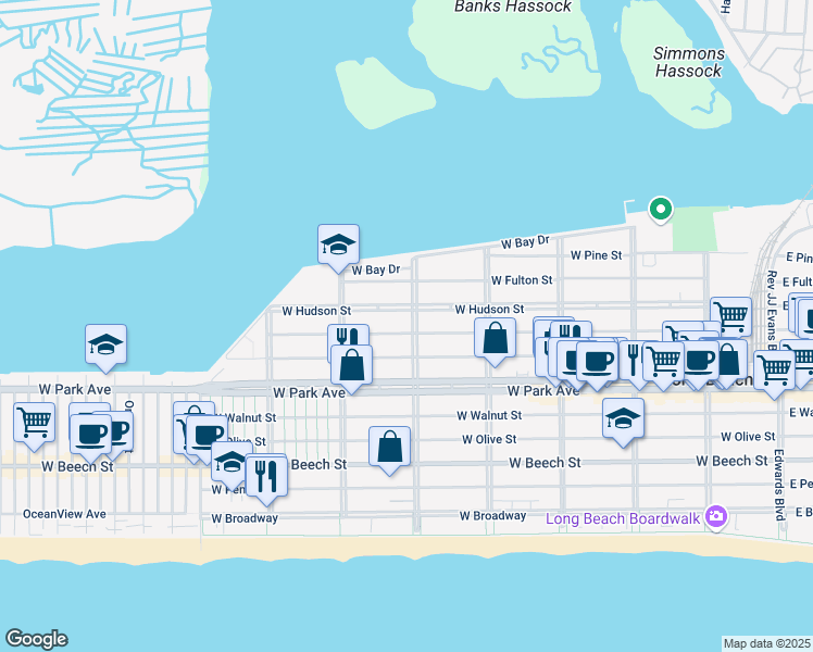 map of restaurants, bars, coffee shops, grocery stores, and more near 501 Washington Boulevard in Long Beach