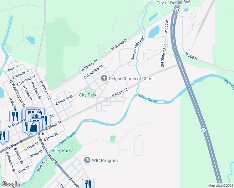 map of restaurants, bars, coffee shops, grocery stores, and more near 1040 East Main Street in Delphi