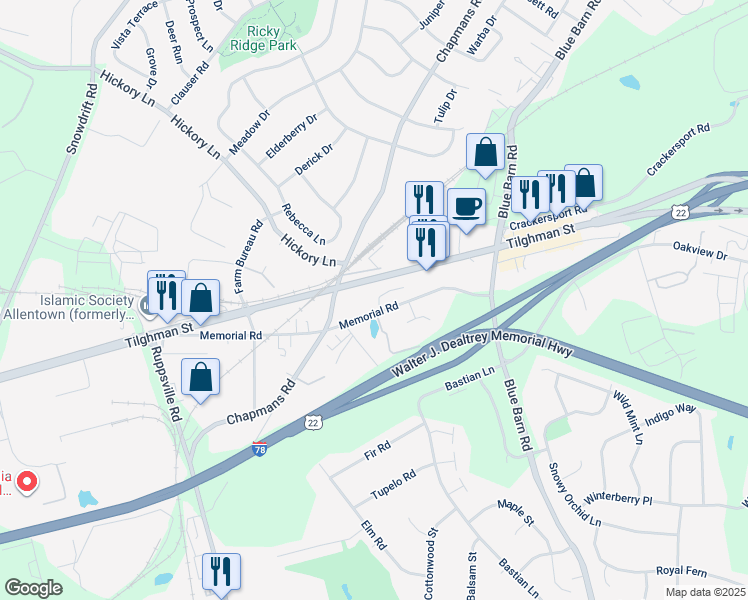 map of restaurants, bars, coffee shops, grocery stores, and more near 6135 Memorial Road in Allentown