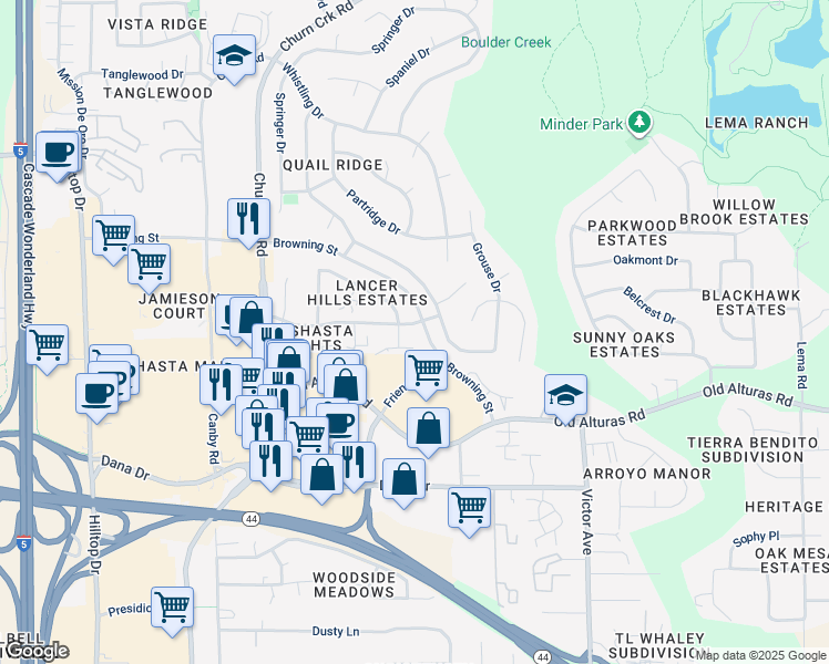 map of restaurants, bars, coffee shops, grocery stores, and more near 1440 Serrano Place in Redding