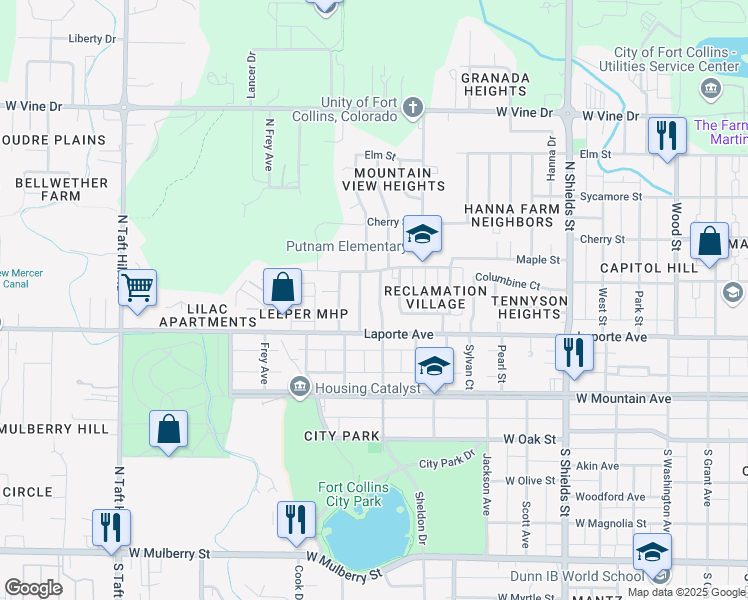 map of restaurants, bars, coffee shops, grocery stores, and more near 219 North Roosevelt Avenue in Fort Collins