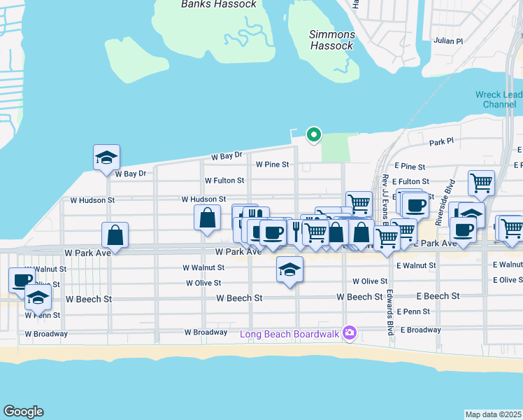 map of restaurants, bars, coffee shops, grocery stores, and more near 261 West Market Street in Long Beach