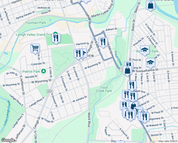 map of restaurants, bars, coffee shops, grocery stores, and more near 1022 South Hall Street in Allentown