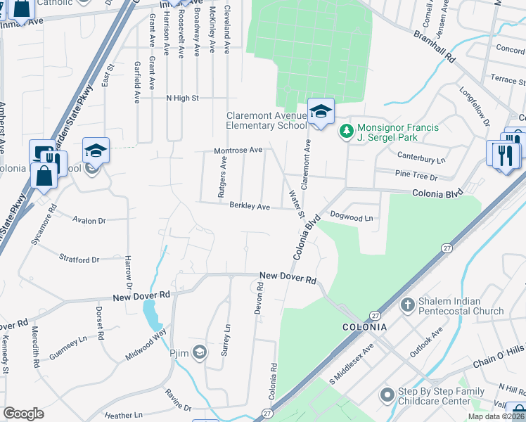 map of restaurants, bars, coffee shops, grocery stores, and more near 100 Berkley Avenue in Woodbridge Township