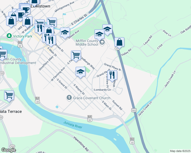 map of restaurants, bars, coffee shops, grocery stores, and more near 8 Grand Parkway North in Lewistown