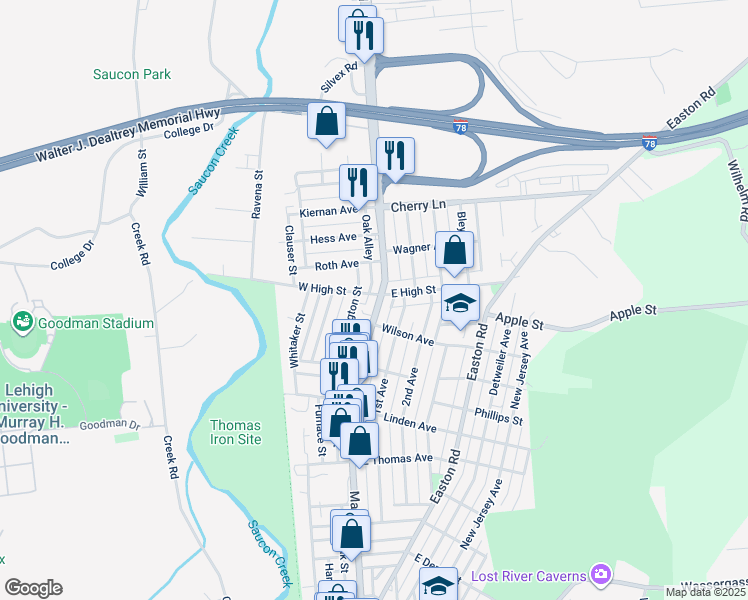 map of restaurants, bars, coffee shops, grocery stores, and more near 1436 Main Street in Hellertown