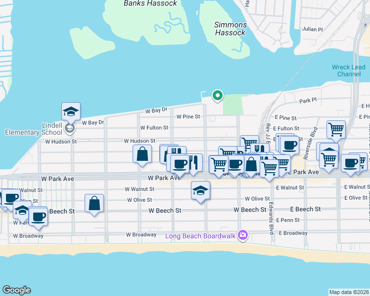 map of restaurants, bars, coffee shops, grocery stores, and more near 234 West Market Street in Long Beach