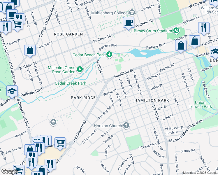 map of restaurants, bars, coffee shops, grocery stores, and more near 2615 Walnut Street in Allentown