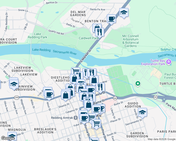 map of restaurants, bars, coffee shops, grocery stores, and more near 1020 East Street in Redding