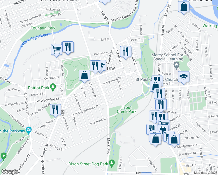 map of restaurants, bars, coffee shops, grocery stores, and more near 1018 South Hall Street in Allentown