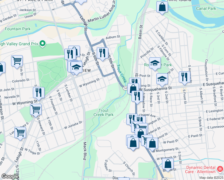 map of restaurants, bars, coffee shops, grocery stores, and more near 1101-1131 South 6th Street in Allentown