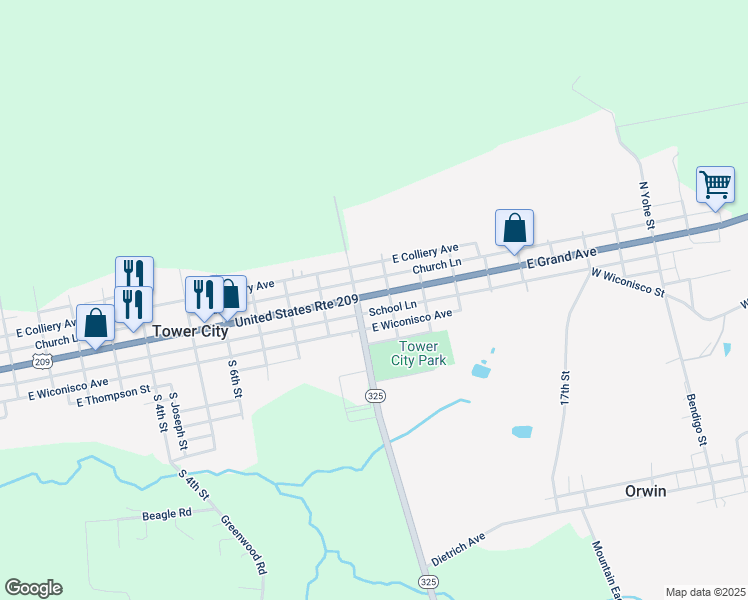 map of restaurants, bars, coffee shops, grocery stores, and more near 1020 East Grand Avenue in Tower City