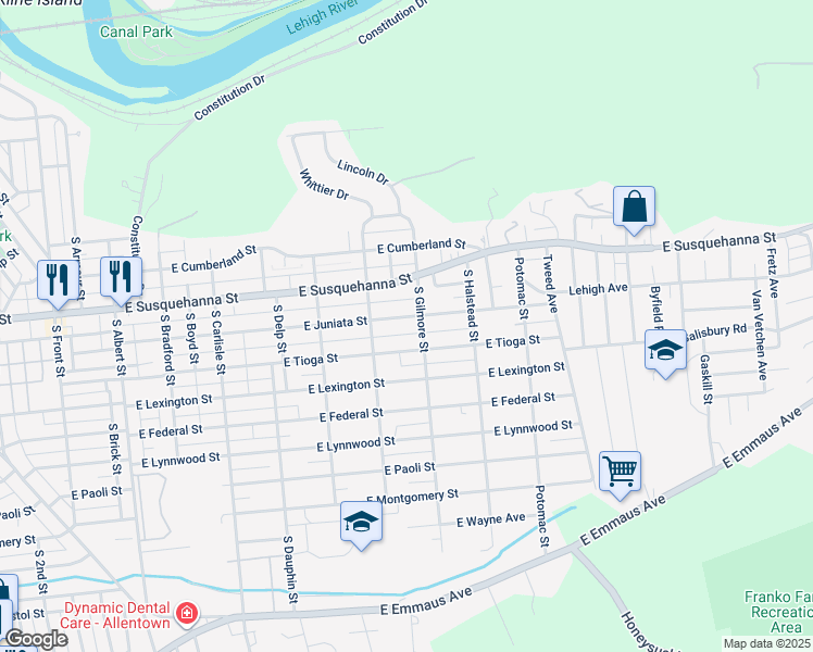 map of restaurants, bars, coffee shops, grocery stores, and more near 627 East Tioga Street in Allentown