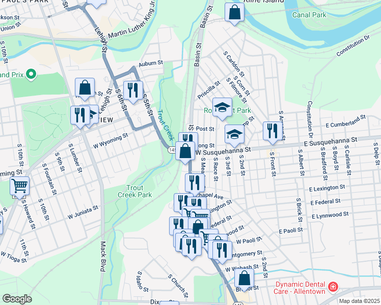 map of restaurants, bars, coffee shops, grocery stores, and more near S 4th St & Susquehanna St in Allentown