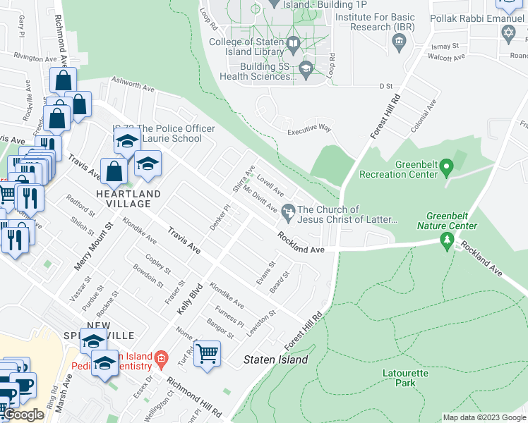map of restaurants, bars, coffee shops, grocery stores, and more near 7 Kelly Boulevard in Staten Island