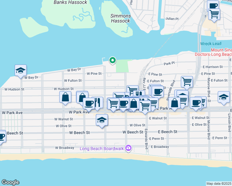 map of restaurants, bars, coffee shops, grocery stores, and more near 132 West Market Street in Long Beach