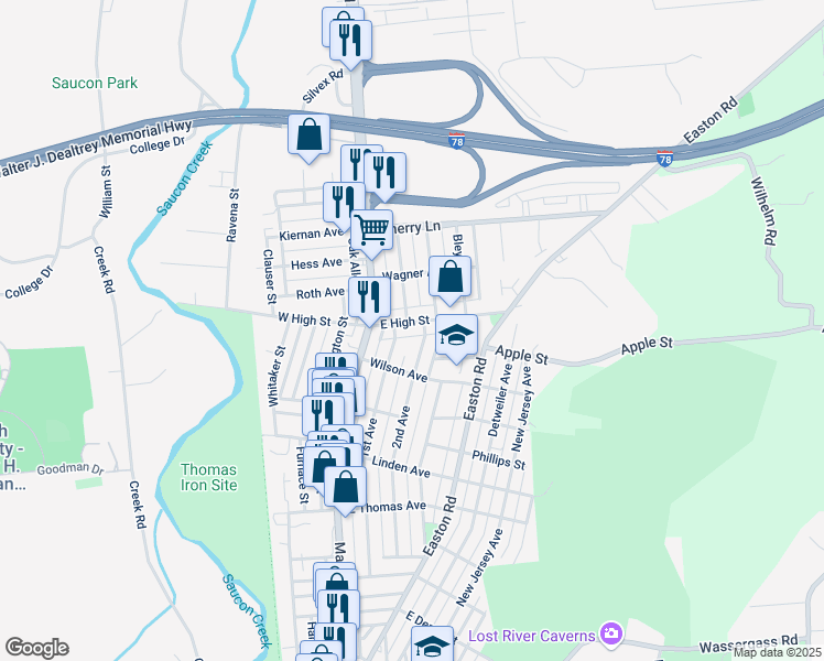map of restaurants, bars, coffee shops, grocery stores, and more near 1435 1st Avenue in Hellertown
