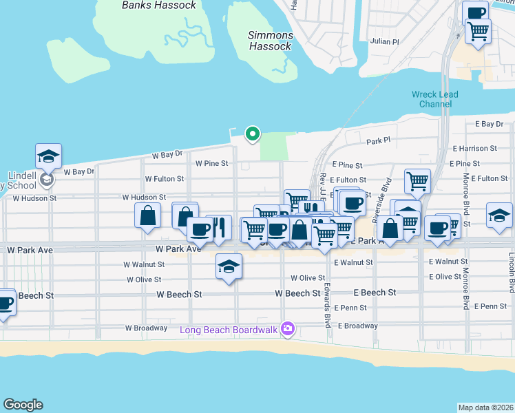 map of restaurants, bars, coffee shops, grocery stores, and more near 141 West Market Street in Long Beach