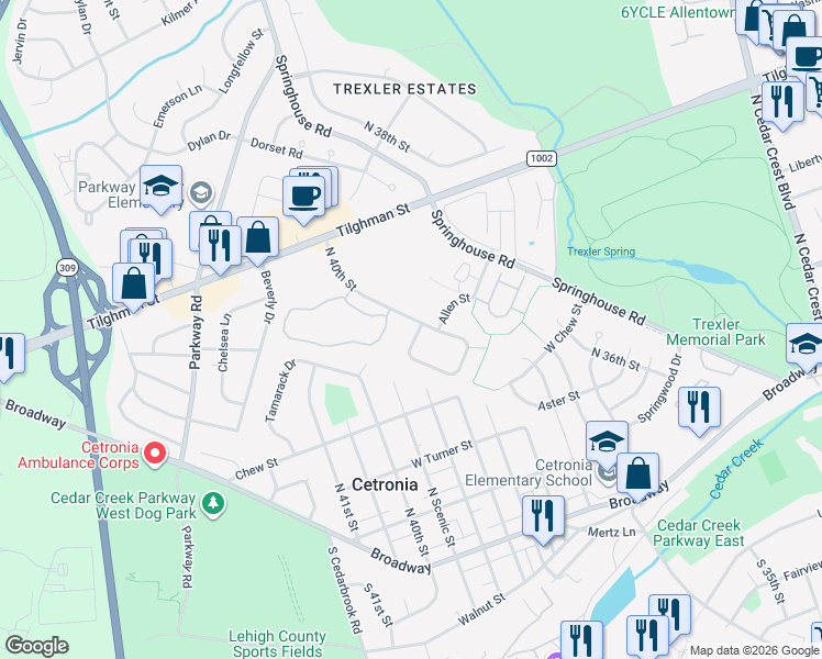 map of restaurants, bars, coffee shops, grocery stores, and more near 4013 Page Street in Allentown