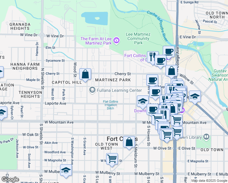 map of restaurants, bars, coffee shops, grocery stores, and more near 226 North Whitcomb Street in Fort Collins