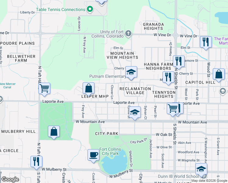 map of restaurants, bars, coffee shops, grocery stores, and more near 215 Clover Lane in Fort Collins