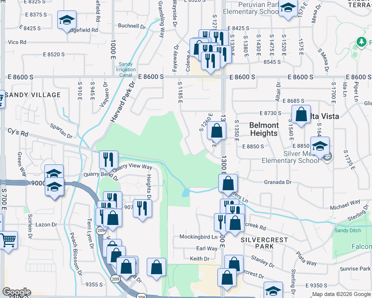 map of restaurants, bars, coffee shops, grocery stores, and more near 8864 South 1205 East in Sandy
