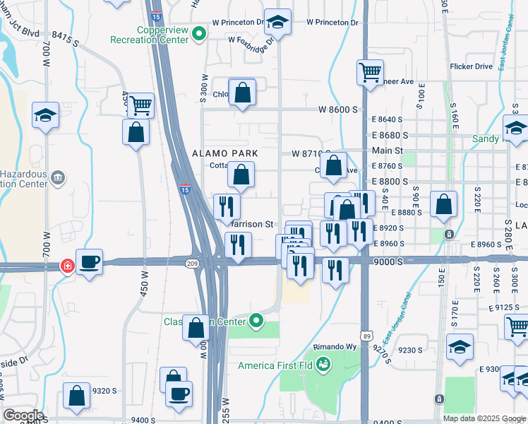 map of restaurants, bars, coffee shops, grocery stores, and more near 172 West Harrison Street in Sandy