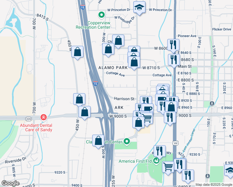 map of restaurants, bars, coffee shops, grocery stores, and more near 222 Harrison Street in Midvale