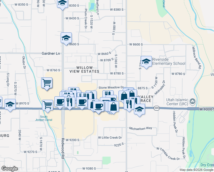map of restaurants, bars, coffee shops, grocery stores, and more near 1393 Stone Meadow Drive in West Jordan