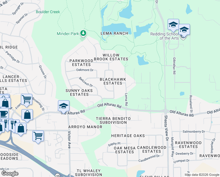 map of restaurants, bars, coffee shops, grocery stores, and more near 1191 Peregrine Way in Redding