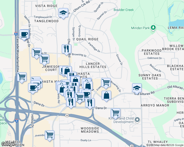 map of restaurants, bars, coffee shops, grocery stores, and more near 1233 Bundy Court in Redding