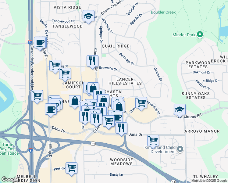 map of restaurants, bars, coffee shops, grocery stores, and more near 1229 Burton Court in Redding
