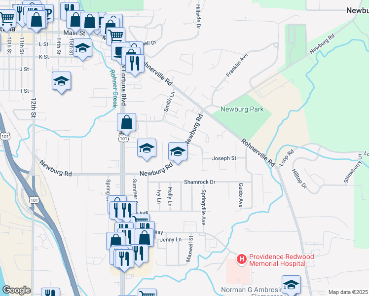 map of restaurants, bars, coffee shops, grocery stores, and more near 2324 Newburg Road in Fortuna