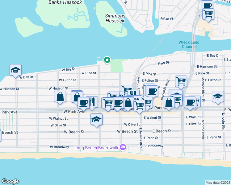 map of restaurants, bars, coffee shops, grocery stores, and more near 132 West Market Street in Long Beach