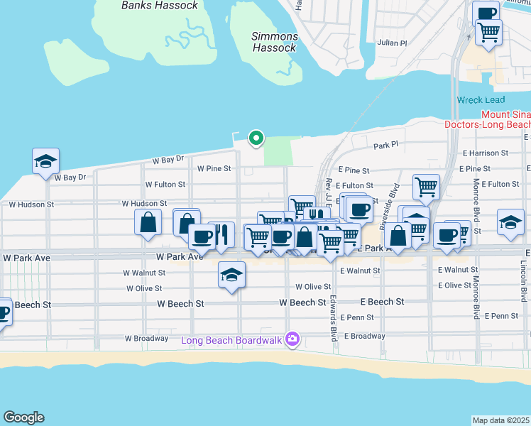 map of restaurants, bars, coffee shops, grocery stores, and more near 132 West Market Street in Long Beach