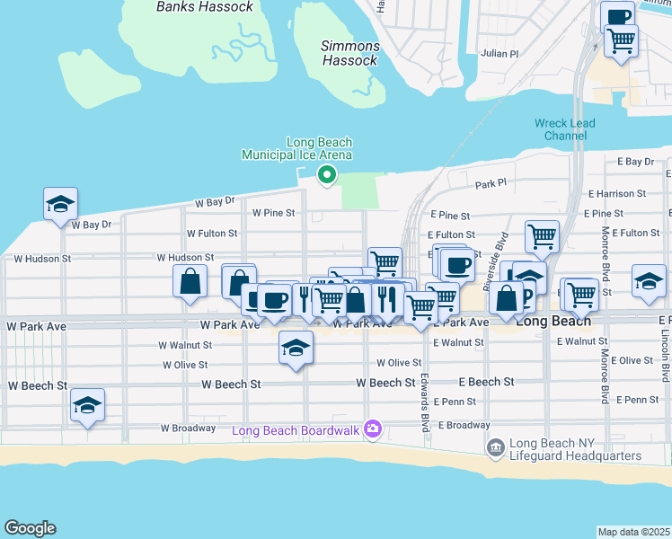 map of restaurants, bars, coffee shops, grocery stores, and more near 132 West Market Street in Long Beach