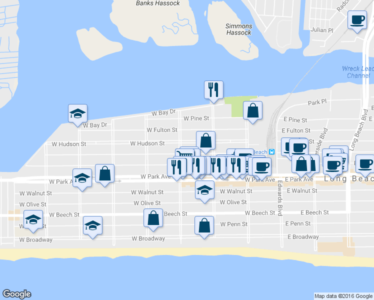 map of restaurants, bars, coffee shops, grocery stores, and more near 468 Laurelton Boulevard in Long Beach