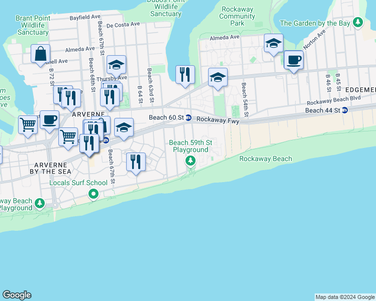 map of restaurants, bars, coffee shops, grocery stores, and more near 125 Beach 60th Street in Queens
