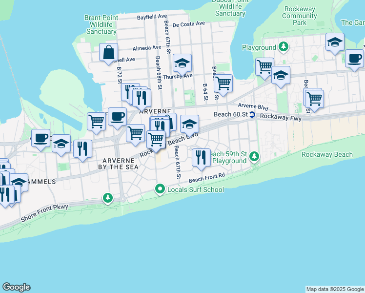 map of restaurants, bars, coffee shops, grocery stores, and more near 6611 Ocean Avenue North in Queens