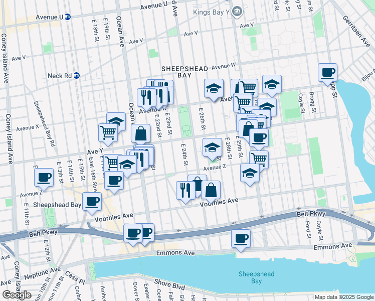 map of restaurants, bars, coffee shops, grocery stores, and more near 2547 East 24th Street in Brooklyn