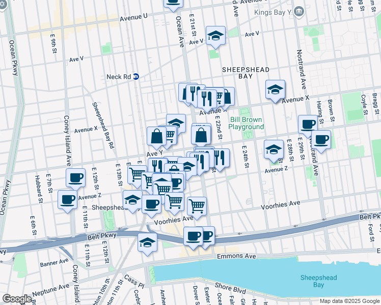 map of restaurants, bars, coffee shops, grocery stores, and more near 2920 Ocean Avenue in Brooklyn