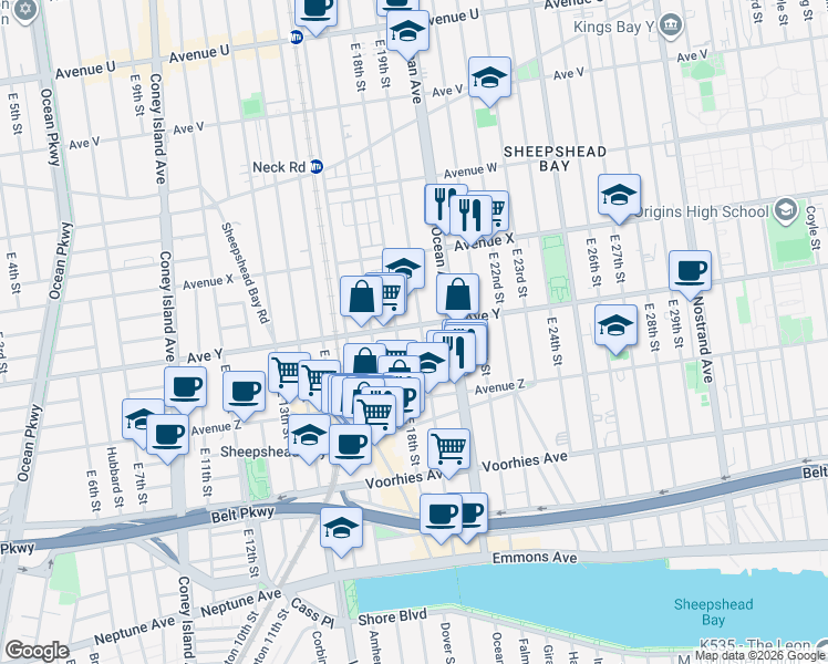 map of restaurants, bars, coffee shops, grocery stores, and more near 2515 East 18th Street in Brooklyn