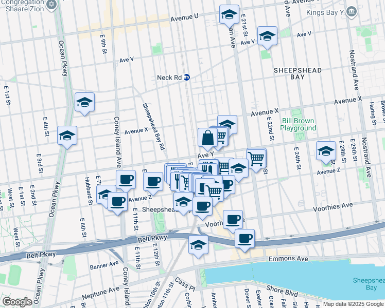 map of restaurants, bars, coffee shops, grocery stores, and more near 2507 East 15th Street in Brooklyn