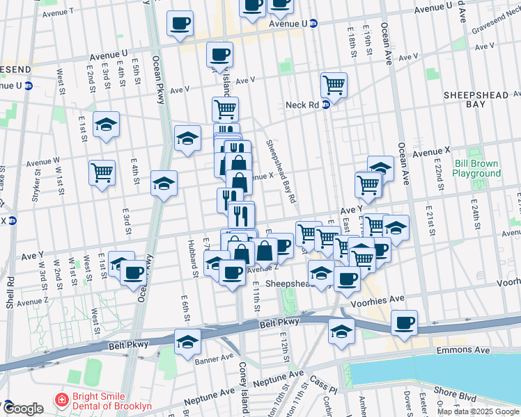 map of restaurants, bars, coffee shops, grocery stores, and more near 2470 East 12th Street in Brooklyn