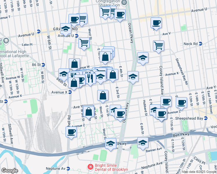 map of restaurants, bars, coffee shops, grocery stores, and more near 2431 East 2nd Street in Brooklyn