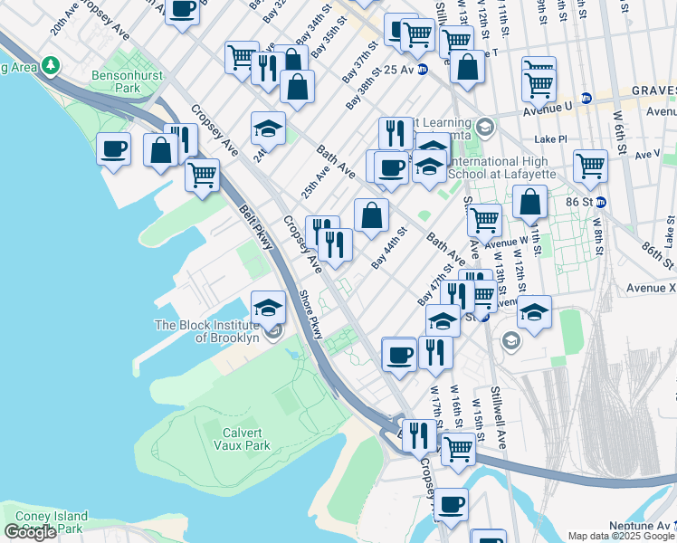 map of restaurants, bars, coffee shops, grocery stores, and more near 259 Bay 43rd Street in Brooklyn